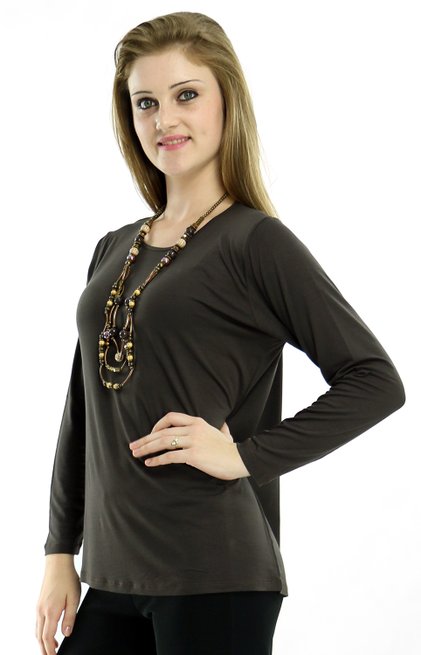 Blusa Manga Longa Meia Túnica Viscolycra Lisa Marrom