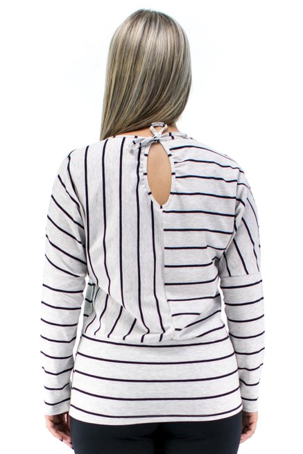  Blusa Manga Longa Morcego Estampa Diagonal Cinza Claro Mescla