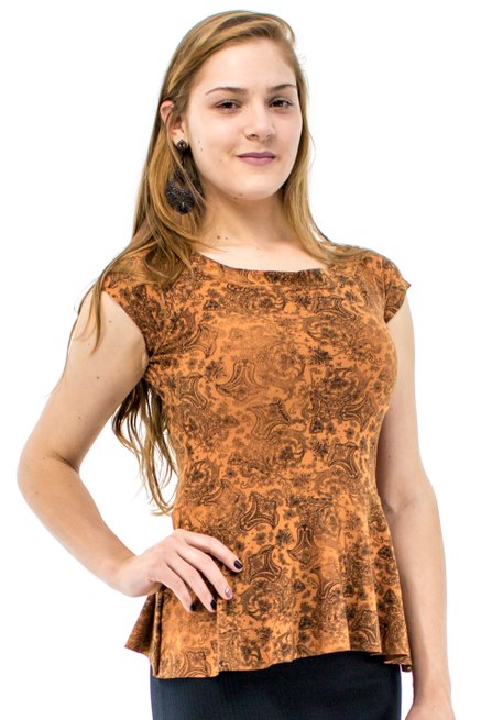 Blusa Manga Curta Daline Camurça Peplum Estampa Floral Caramelo
