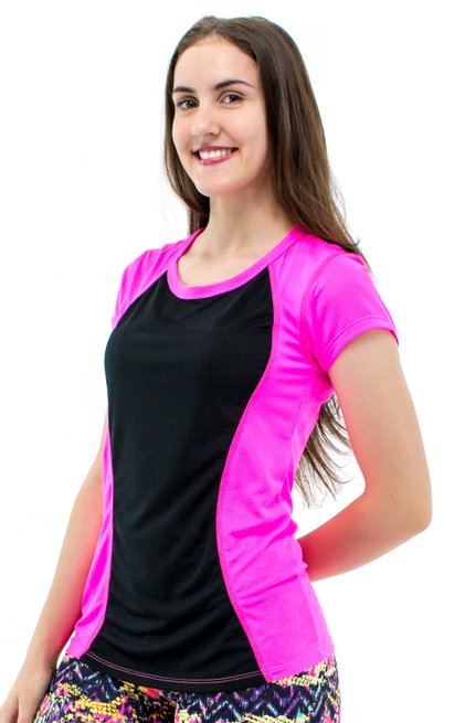 Baby Look Fitness Soninha Manga Curta DryFit Ultracool UVPro Rosa Neon e Preto
