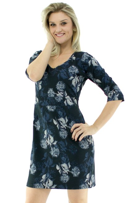 Vestido Denise Manga 3/4 Estampa Floral Azul Marinho