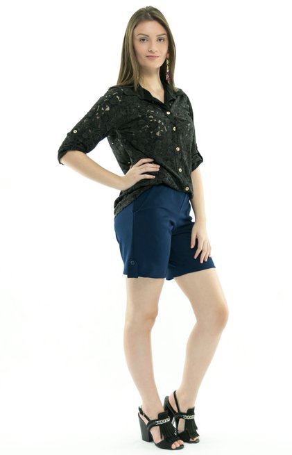 Camisão Manga 3/4 Angela Rendado Floral Preto