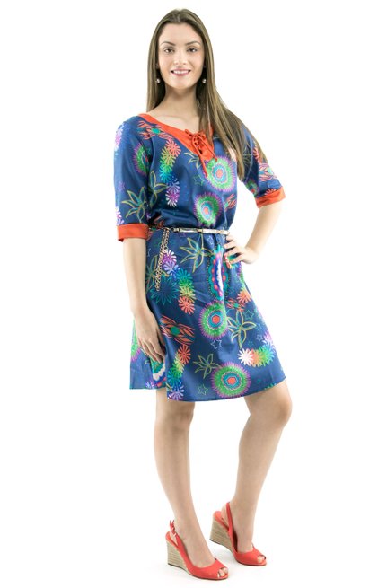 Vestido Manga 3/4 Clara Estampa Floral Azul