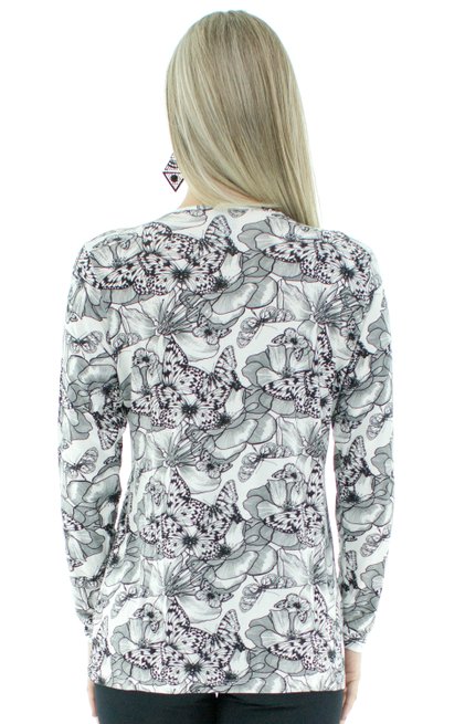 Blusa Manga Longa Meia Túnica Estampa Floral Branca e Cinza