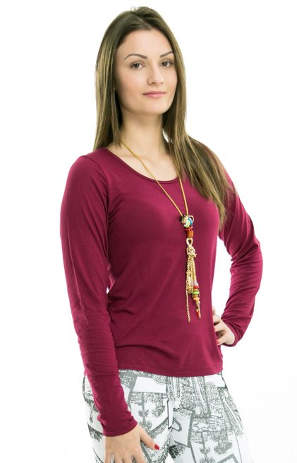 Blusa Manga Longa Decote Redondo Viscolycra Lisa Bordô