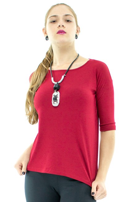 Blusa Madalena Canelada Manga 3/4 Lisa Vermelha