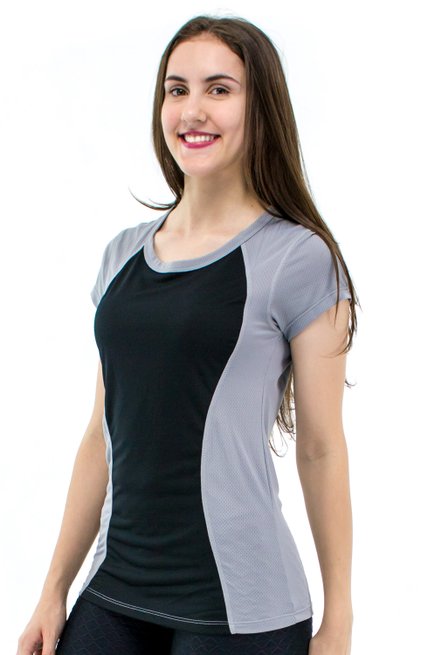 Baby Look Fitness Soninha Manga Curta DryFit Ultracool UVPro Lisa Cinza e Preto