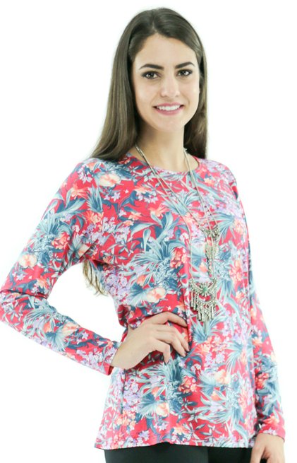 Blusa Manga Longa Meia Túnica Viscolycra Estampa Floral Rosa