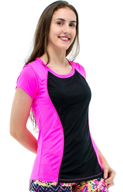 Baby Look Fitness Soninha Manga Curta DryFit Ultracool UVPro Rosa Neon e Preto