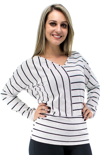  Blusa Manga Longa Morcego Estampa Diagonal Cinza Claro Mescla