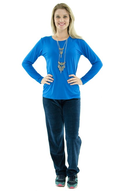 Blusa Manga Longa Meia Túnica Viscolycra Lisa Azul