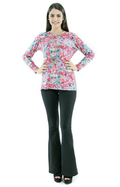 Blusa Manga Longa Meia Túnica Viscolycra Estampa Floral Rosa