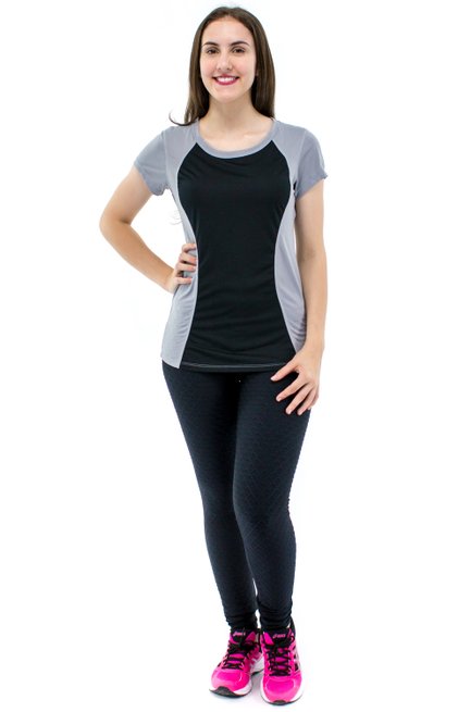 Baby Look Fitness Soninha Manga Curta DryFit Ultracool UVPro Lisa Cinza e Preto