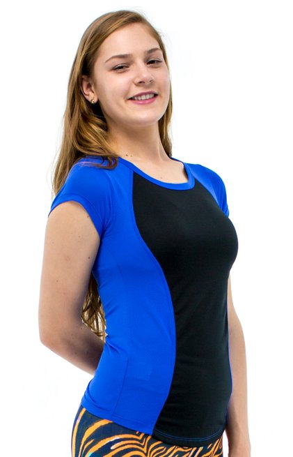 Baby Look Fitness Soninha Manga Curta DryFit Ultracool UVPro Lisa Azul e Preto