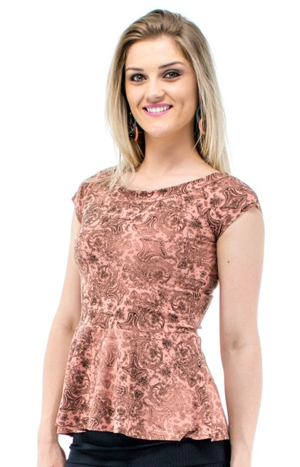 Blusa Manga Curta Daline Camurça Peplum Estampa Floral Salmão