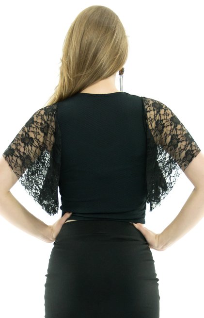 Blusa Manga Curta Cropped Renda Preta Lisa