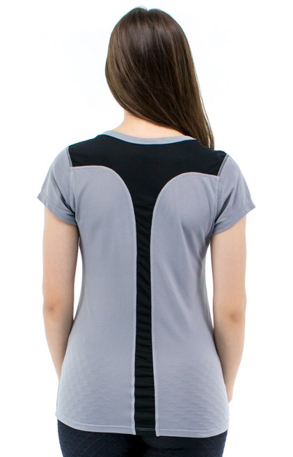 Baby Look Fitness Soninha Manga Curta DryFit Ultracool UVPro Lisa Cinza e Preto