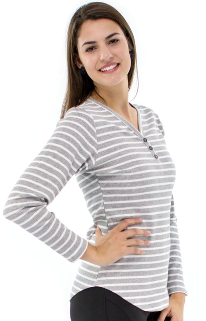 Blusa Manga Longa Meia Túnica Ritalina Estampa Listras Cinza e Branco
