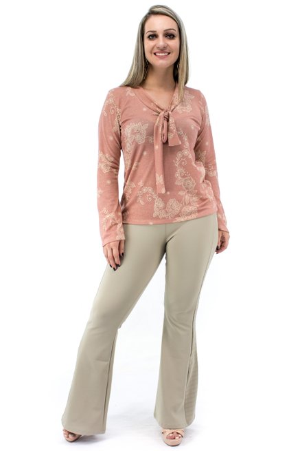 Blusa Manga Longa Gravata Estampa Floral Salmão