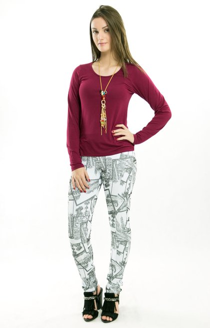 Blusa Manga Longa Decote Redondo Viscolycra Lisa Bordô