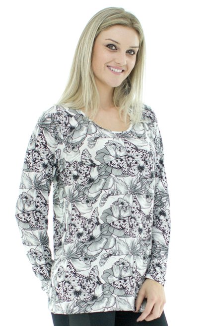 Blusa Manga Longa Meia Túnica Estampa Floral Branca e Cinza