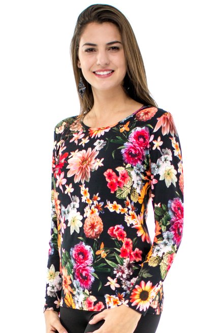 Blusa Manga Longa Meia Túnica Estampa Floral