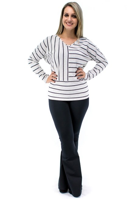  Blusa Manga Longa Morcego Estampa Diagonal Cinza Claro Mescla