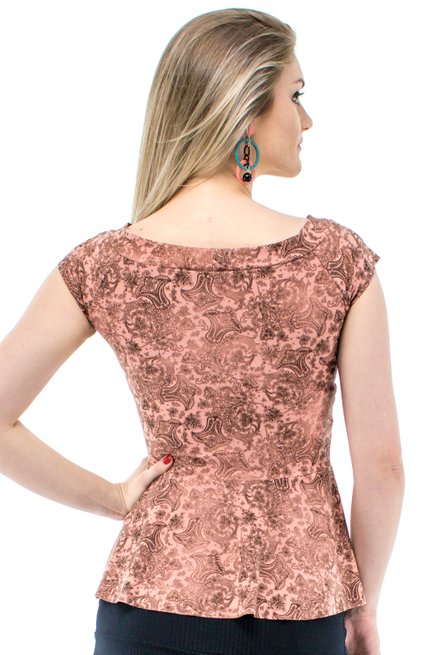 Blusa Manga Curta Daline Camurça Peplum Estampa Floral Salmão
