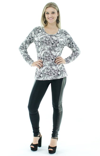 Blusa Manga Longa Meia Túnica Estampa Floral Branca e Cinza