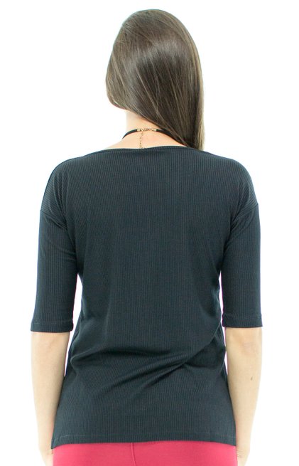 Blusa Madalena Canelada Manga 3/4 Lisa Preta