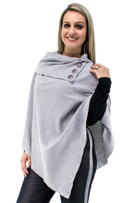 Poncho Canelado Liso Cinza Claro Mescla