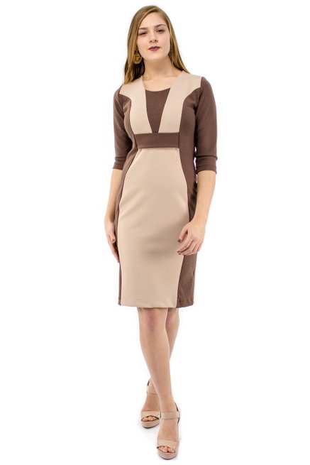 Vestido Manga 3/4 Elizete Marrom e Nude