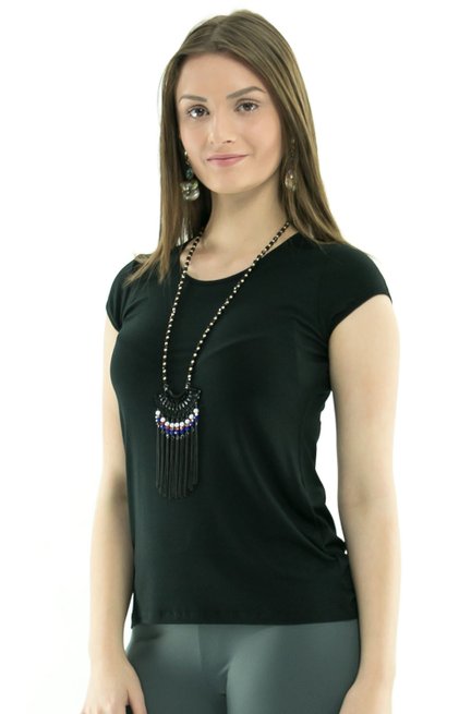 Blusa Manga Curta Básica Celma Viscolycra Lisa Preta