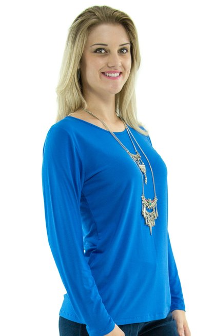 Blusa Manga Longa Meia Túnica Viscolycra Lisa Azul