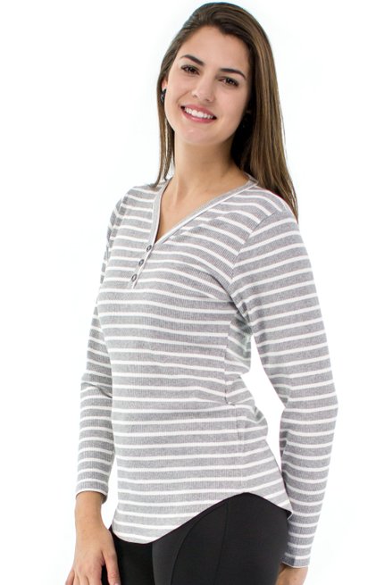 Blusa Manga Longa Meia Túnica Ritalina Estampa Listras Cinza e Branco