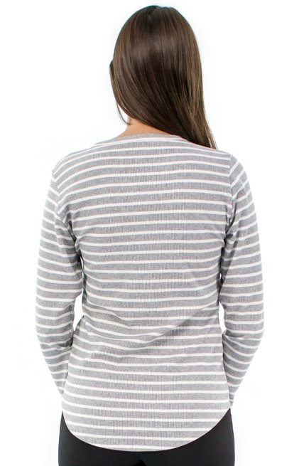 Blusa Manga Longa Meia Túnica Ritalina Estampa Listras Cinza e Branco