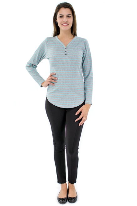 Blusa Manga Longa Meia Túnica Ritalina Estampa Listras Cinza e Azul