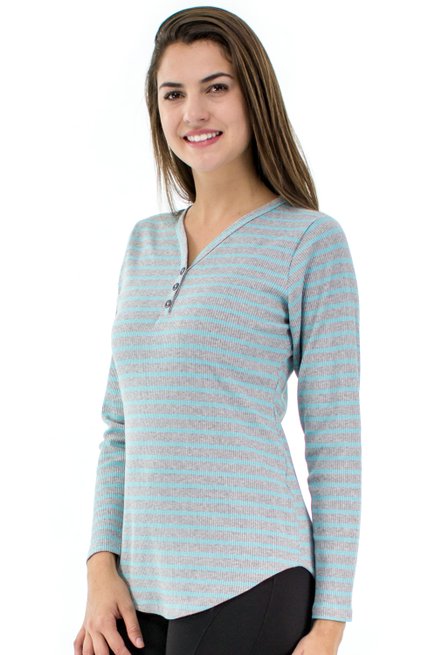 Blusa Manga Longa Meia Túnica Ritalina Estampa Listras Cinza e Azul