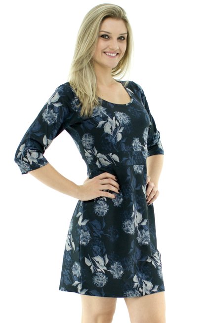 Vestido Denise Manga 3/4 Estampa Floral Azul Marinho