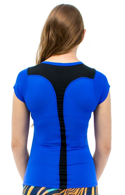 Baby Look Fitness Soninha Manga Curta DryFit Ultracool UVPro Lisa Azul e Preto