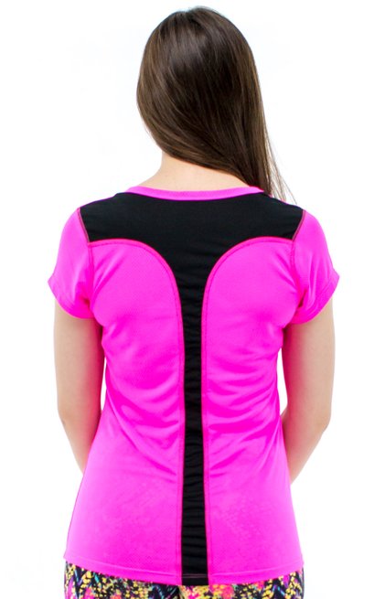 Baby Look Fitness Soninha Manga Curta DryFit Ultracool UVPro Rosa Neon e Preto