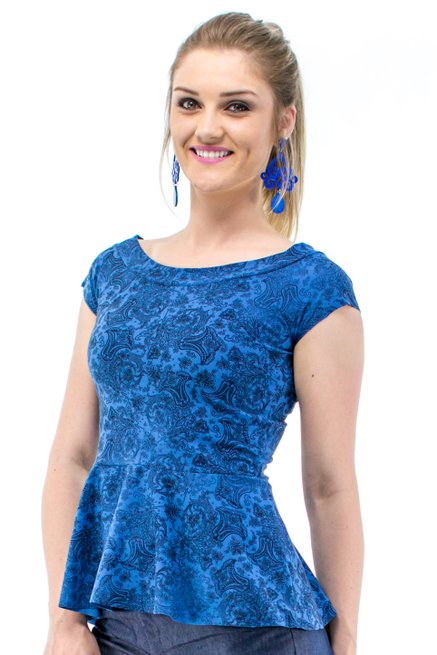 Blusa Manga Curta Daline Camurça Peplum Estampa Floral Azul