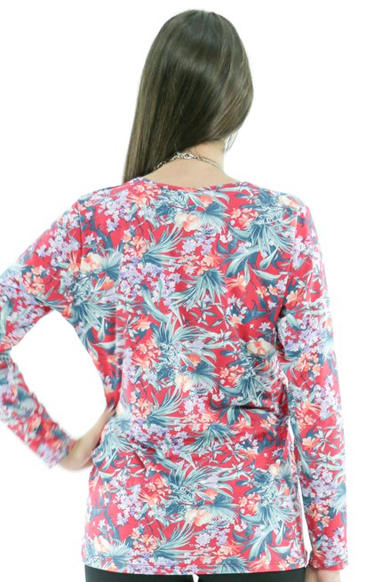 Blusa Manga Longa Meia Túnica Viscolycra Estampa Floral Rosa