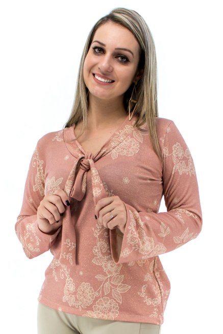 Blusa Manga Longa Gravata Estampa Floral Salmão