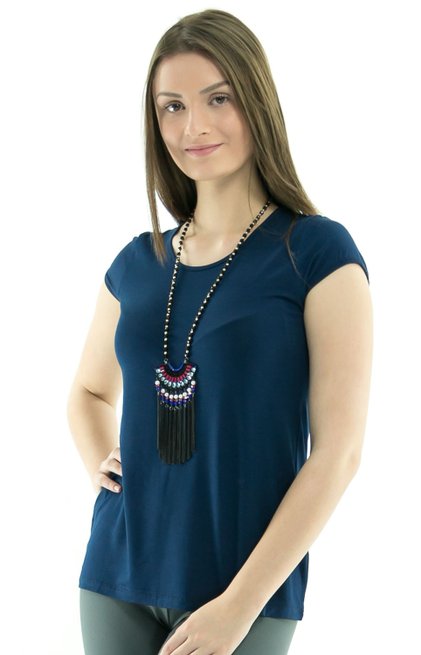 Blusa Manga Curta Básica Celma Viscolycra Lisa Azul Marinho