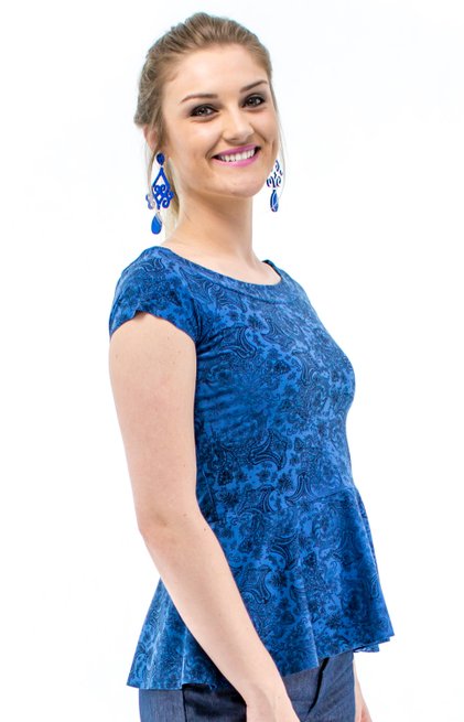Blusa Manga Curta Daline Camurça Peplum Estampa Floral Azul
