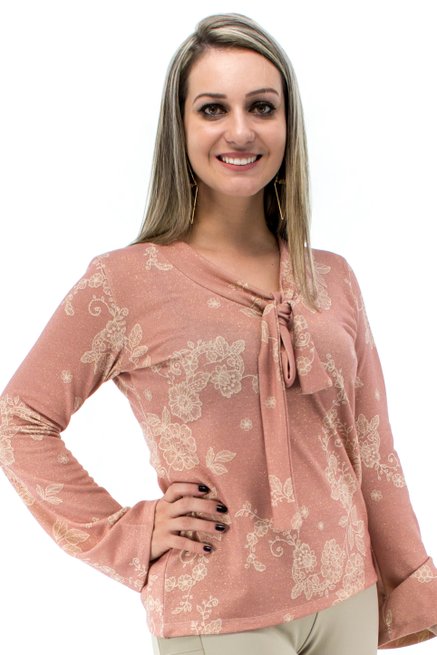 Blusa Manga Longa Gravata Estampa Floral Salmão