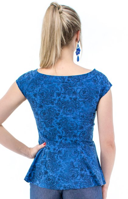 Blusa Manga Curta Daline Camurça Peplum Estampa Floral Azul
