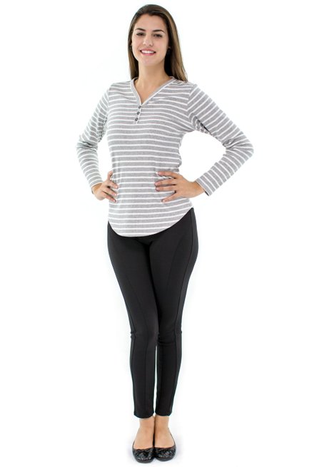 Blusa Manga Longa Meia Túnica Ritalina Estampa Listras Cinza e Branco