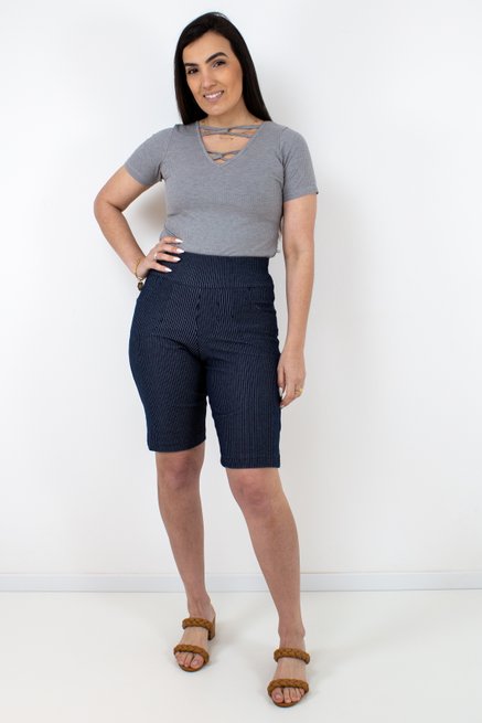Bermuda Feminina Maria João Jeans Azul com Listras Branca